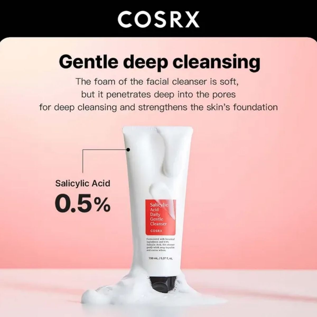 COSRX Salicylic Acid Daily Gentle Cleanser met 0,5% salicylzuur voor een diepe reiniging van de poriën.