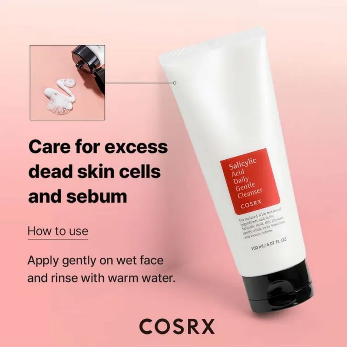 Gebruik van COSRX Salicylic Acid Daily Gentle Cleanser voor overtollig talg en dode huidcellen.