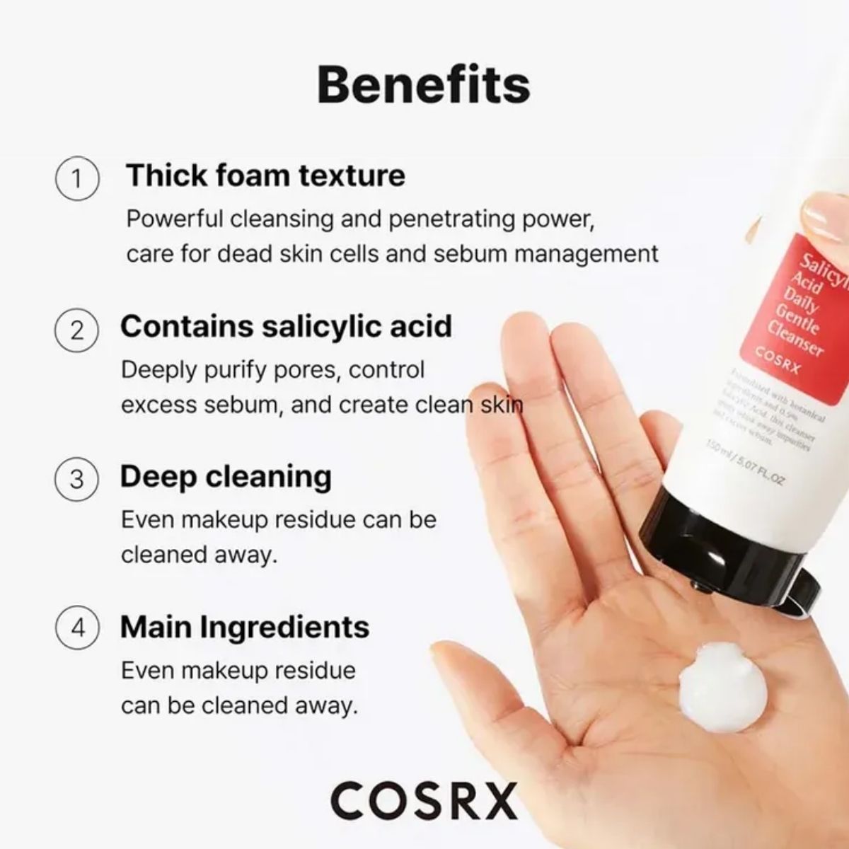 Voordelen en schuimende textuur van COSRX Salicylic Acid Daily Gentle Cleanser.