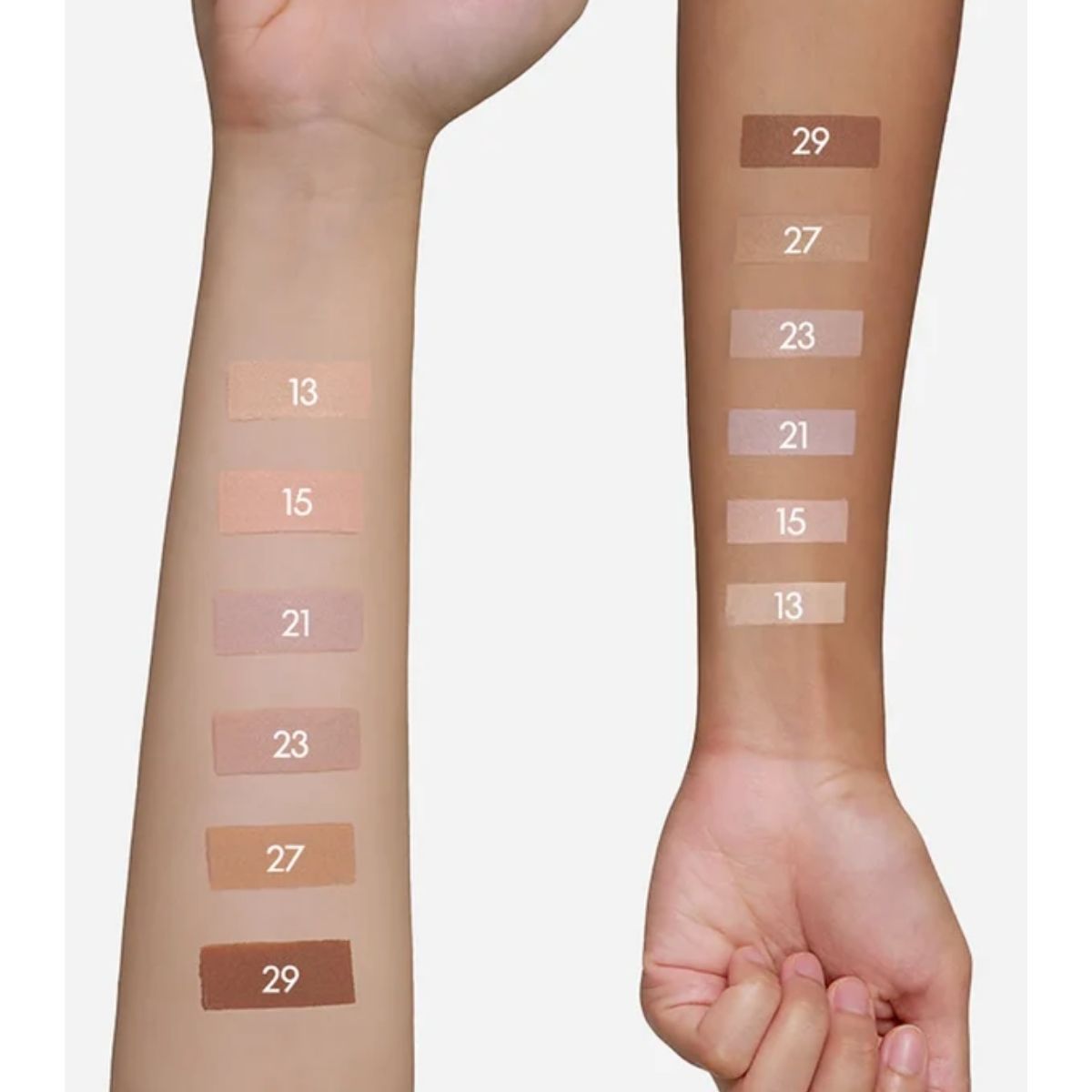 Kleur swatches 13, 15, 21, 23, 27 en 29 van de Purito Wonder Releaf Centella BB Cream.