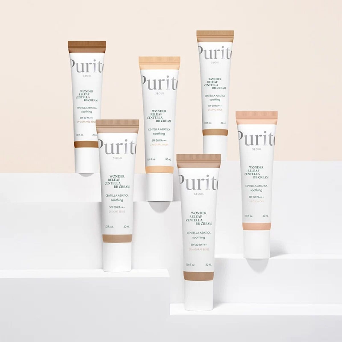 Verschillende kleuren van de Purito Wonder Releaf Centella BB Cream SPF 30.