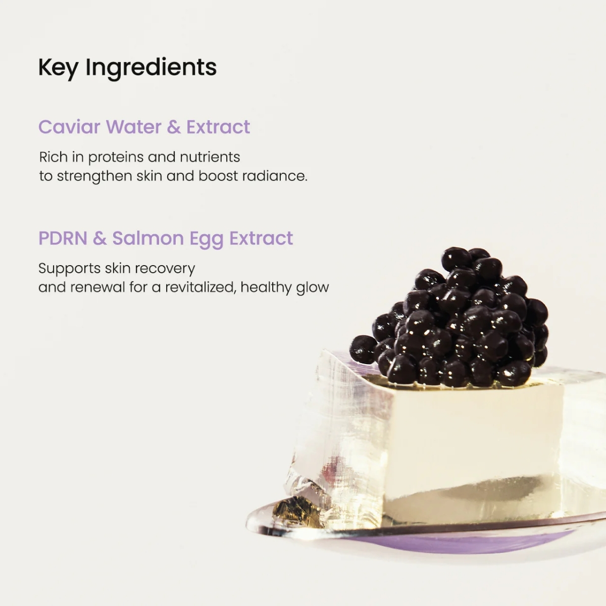 Infographic over de actieve ingrediënten van de Biodance Rejuvenating Caviar PDRN Real Deep Mask.