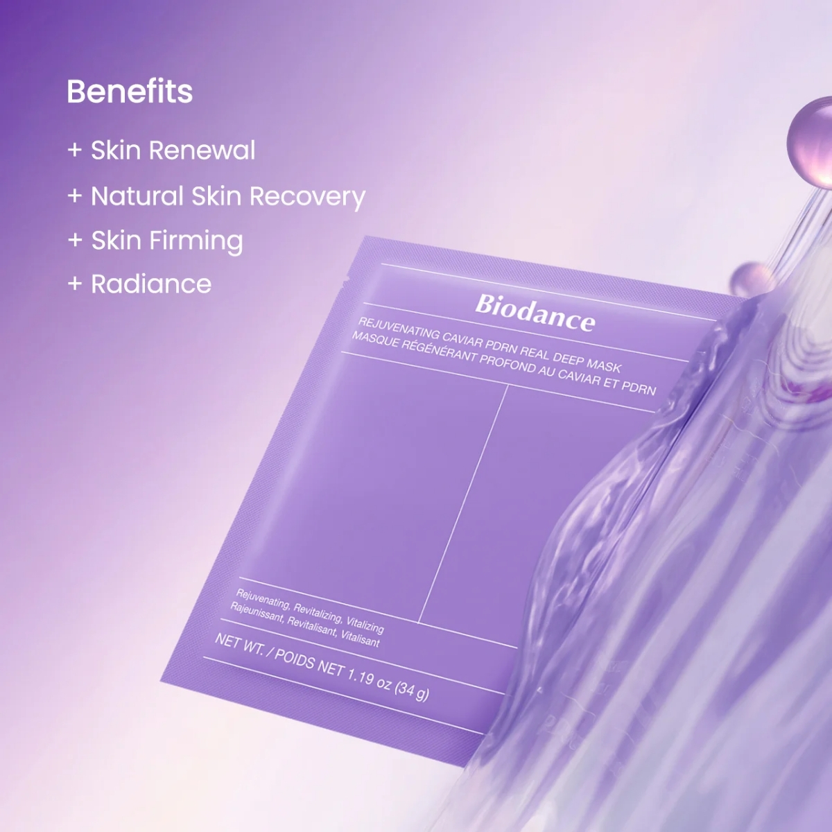 Infographic met de voordelen van de Biodance Rejuvenating Caviar PDRN Real Deep Mask.