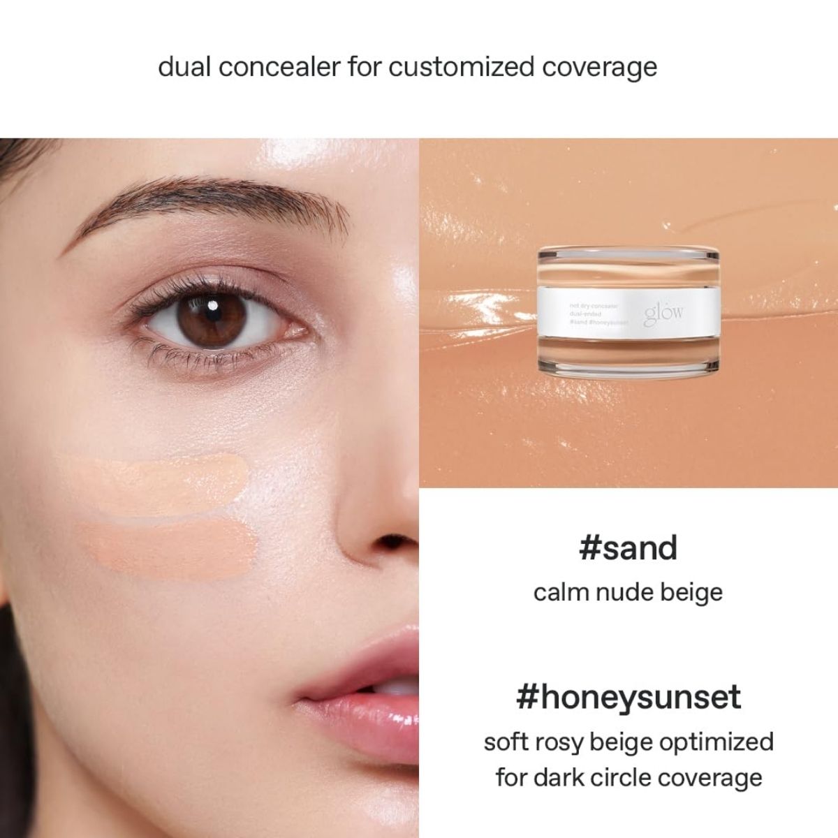 Swatches van Glow Not Dry Dual Concealer in Sand en Honey Sunset