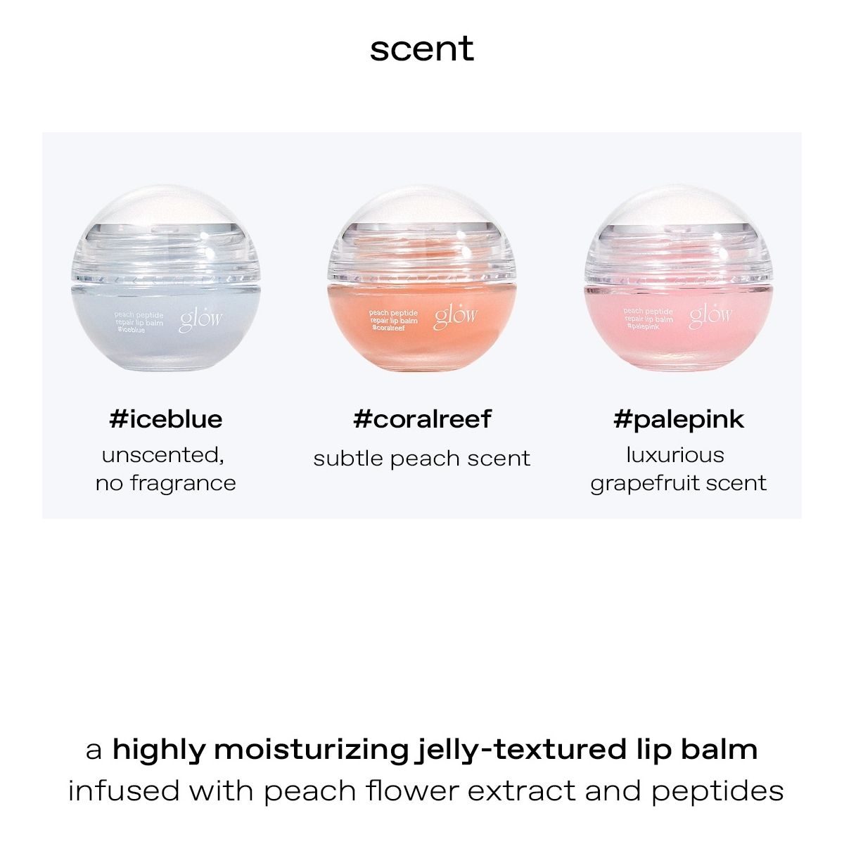 Overzicht van de geuren van glow Peach Peptide Lip Balm