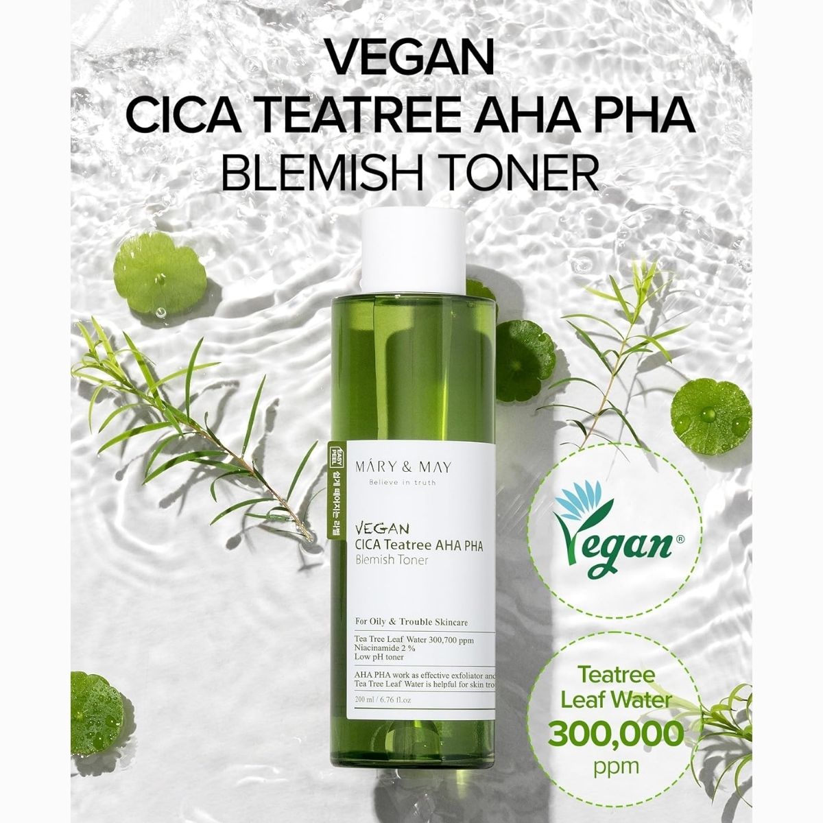 Mary & May Vegan Cica Tea Tree AHA PHA Blemish Toner met 300000 ppm tea tree leaf water
