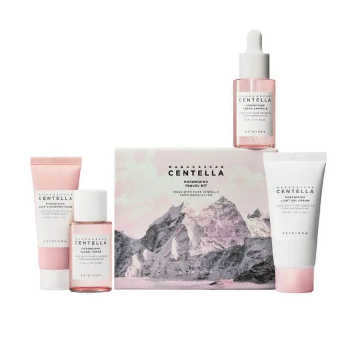De vier producten uit de SKIN1004 Madagascar Centella Poremizing Travel Kit