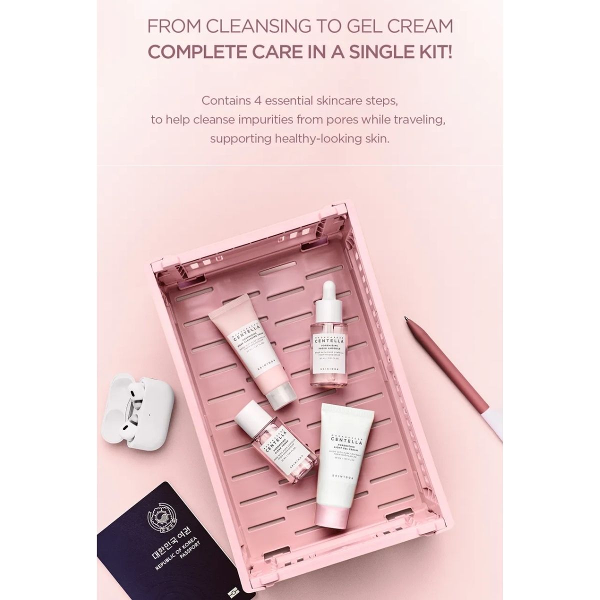 Infographic over de complete 4-stappen routine van de SKIN1004 Poremizing Travel Kit