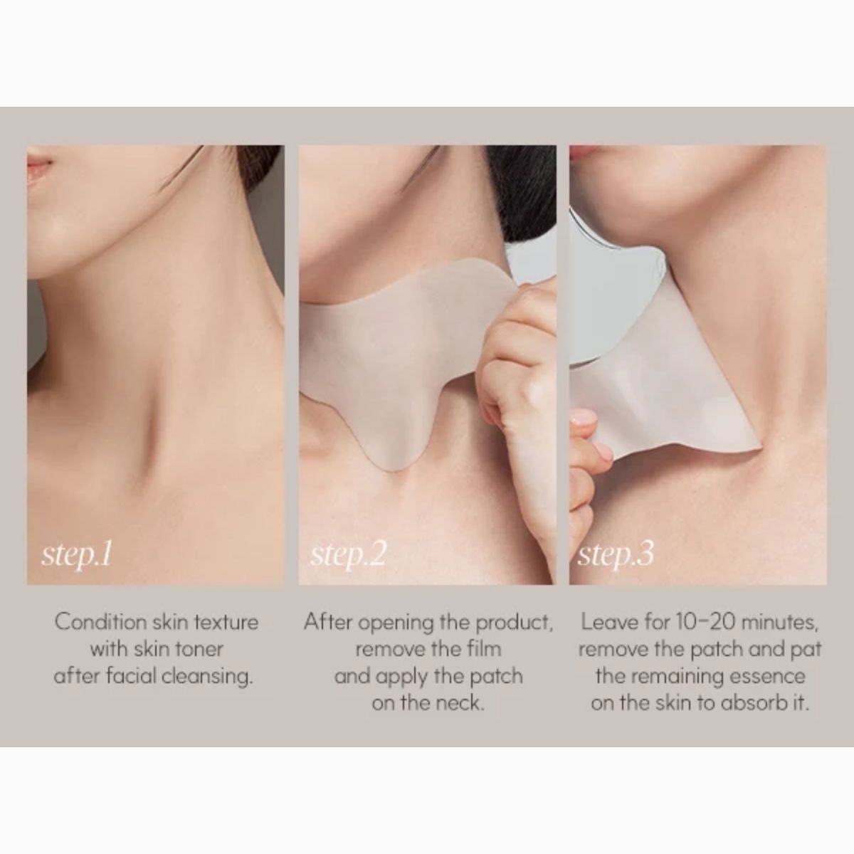Stappenplan voor het aanbrengen van de MARSHIQUE Wrinkle Repair Hydrogel Neck Patch.
