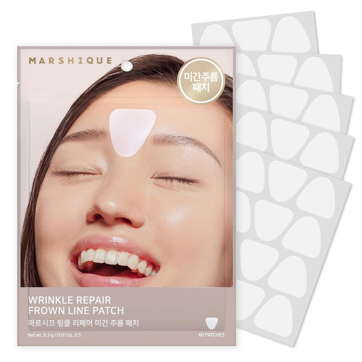 MARSHIQUE Wrinkle Repair Frown Line Patch verpakking met 60 patches.