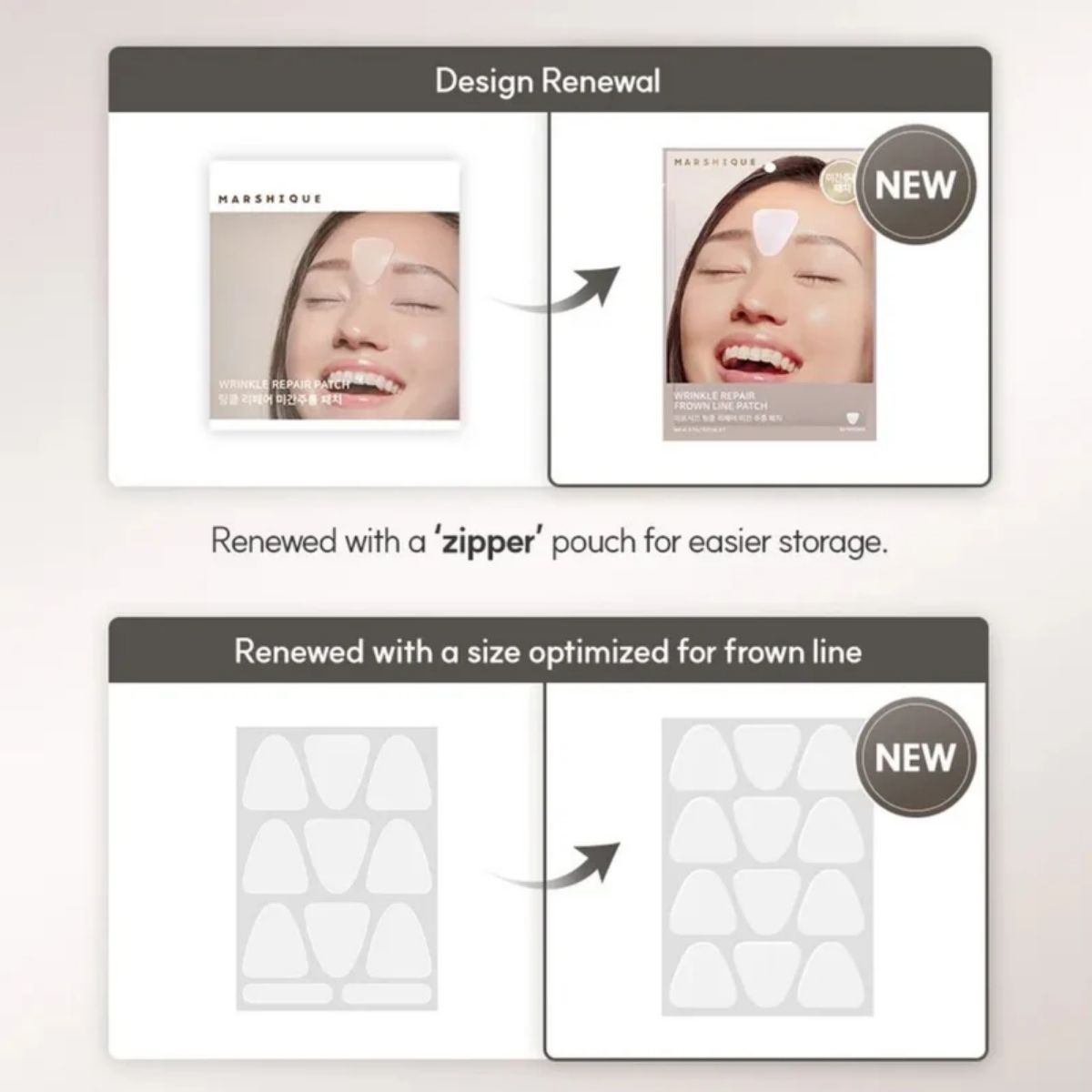 Vernieuwd ontwerp en formaat van de MARSHIQUE Wrinkle Repair Frown Line Patch.