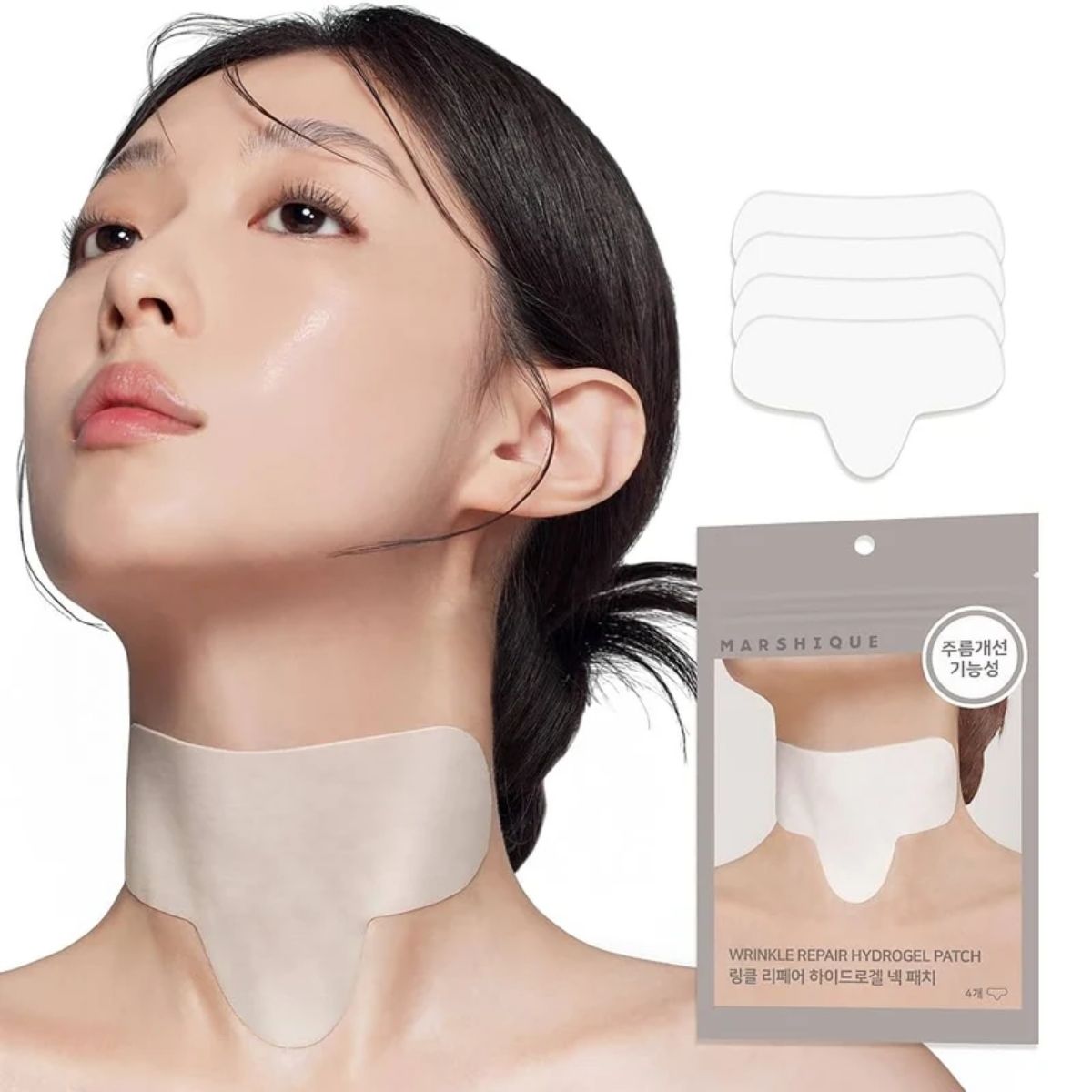 MARSHIQUE Wrinkle Repair Hydrogel Neck Patch aangebracht op de hals.