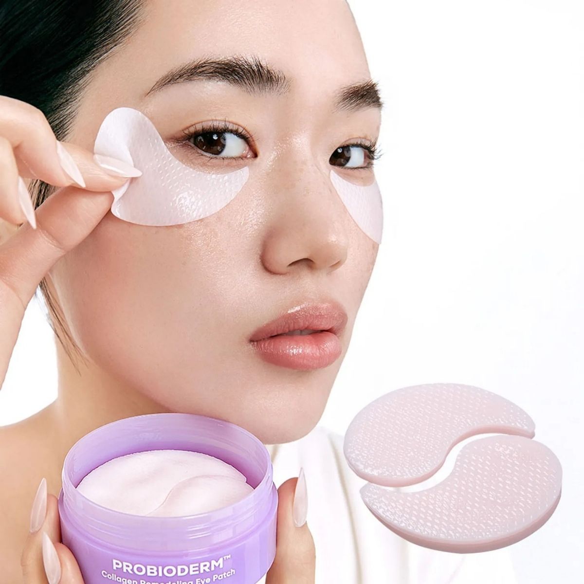 Voor- en nafoto van de BIOHEAL BOH Probioderm Collagen Remodeling Eye Patch onder het oog.