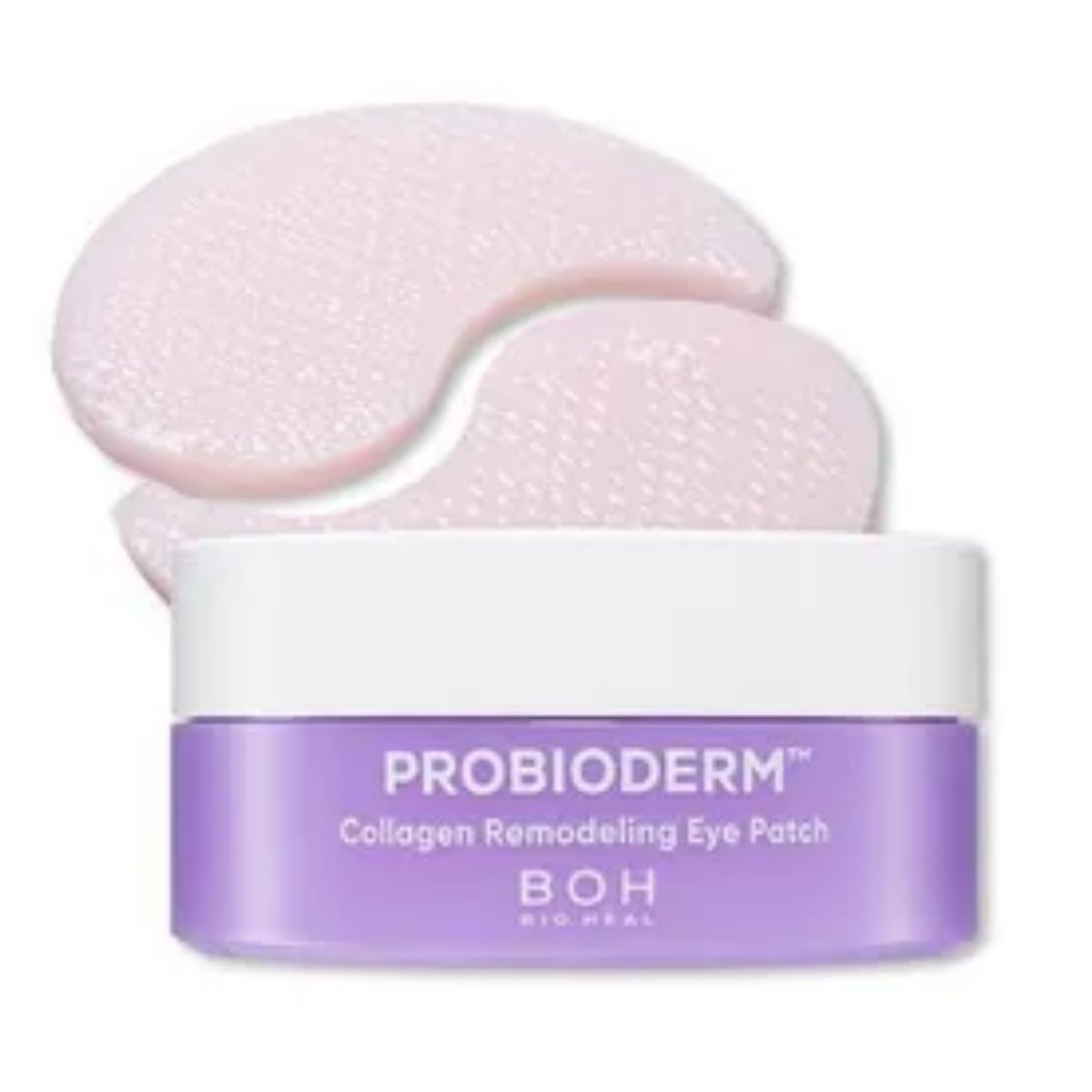 BIOHEAL BOH Probioderm Collagen Remodeling Eye Patch met roze hydrogel oogpatches en paarse verpakking.