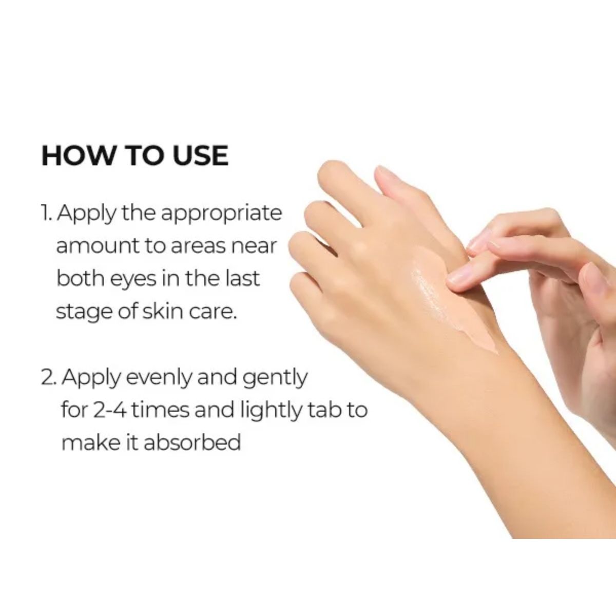 Gebruiksaanwijzing voor het aanbrengen van de Dr.Melaxin Calcium Dark Spot Cover Eye Cream.