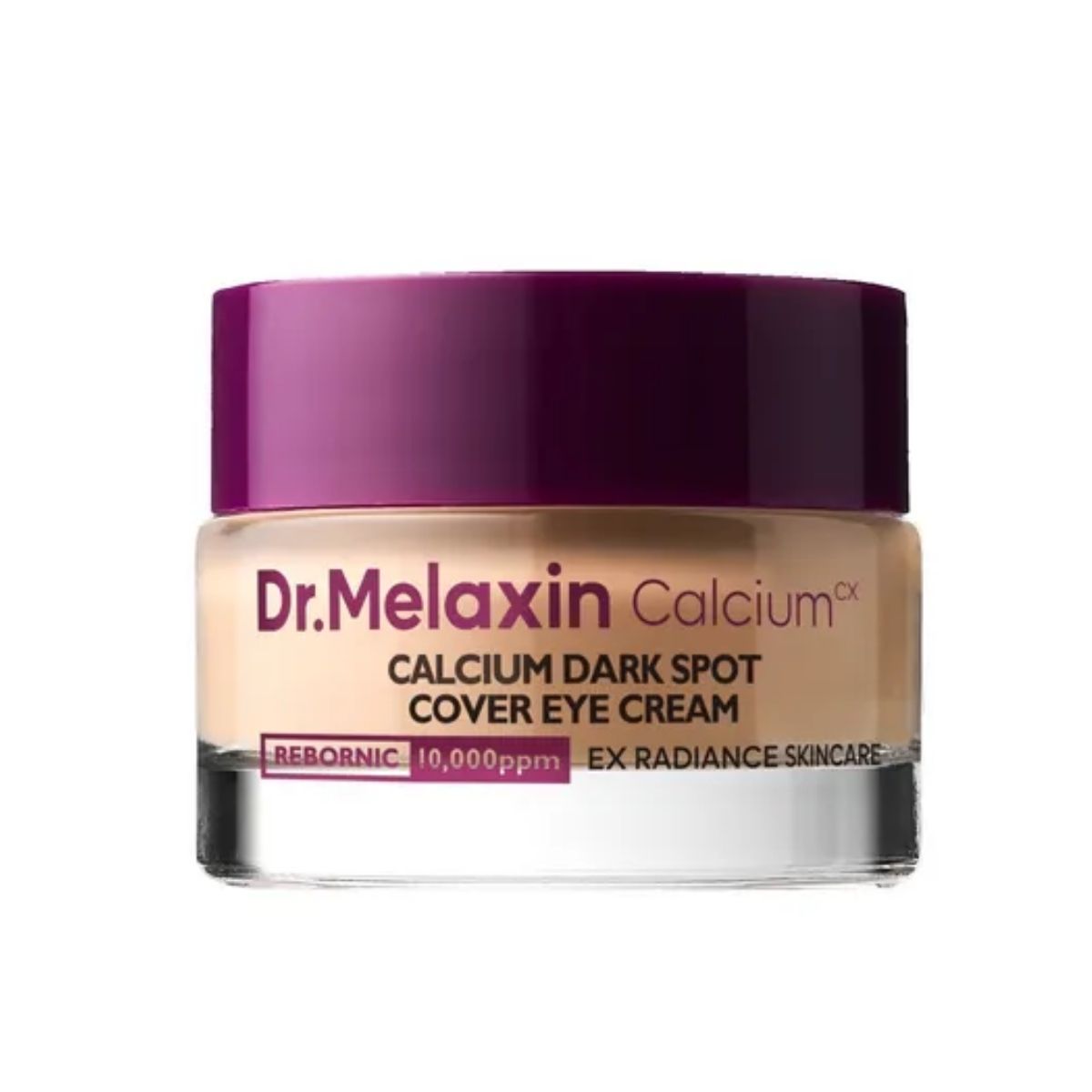 Dr.Melaxin Calcium Dark Spot Cover Eye Cream 15 g in glazen potje met paarse deksel.
