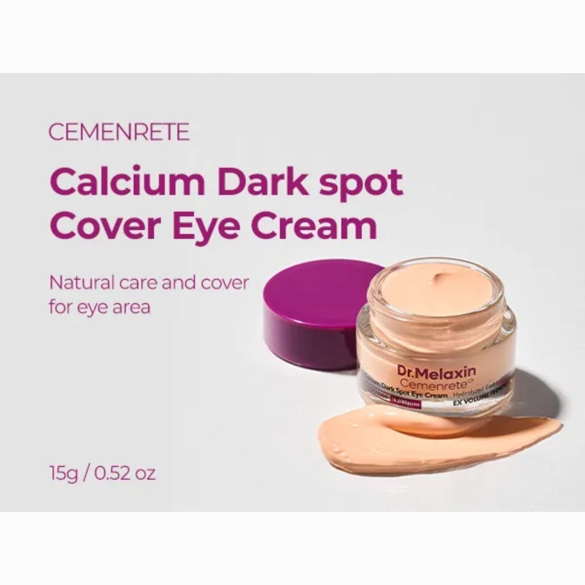 Geopend potje Dr.Melaxin Calcium Dark Spot Cover Eye Cream met beige crème en textuur.