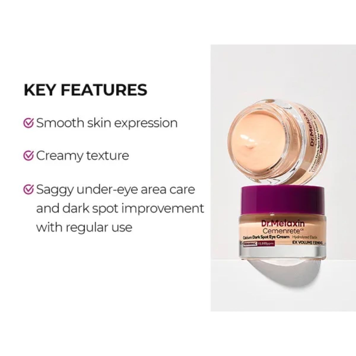 Infographic met de belangrijkste voordelen en romige textuur van de Dr.Melaxin Calcium Dark Spot Cover Eye Cream